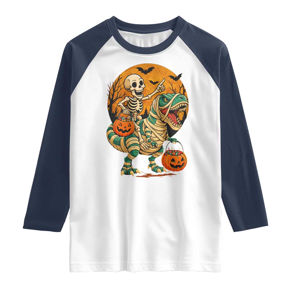 Funny Skeleton Riding Mummy Dinosaur Halloween Raglan Shirt TS12 White Navy Print Your Wear