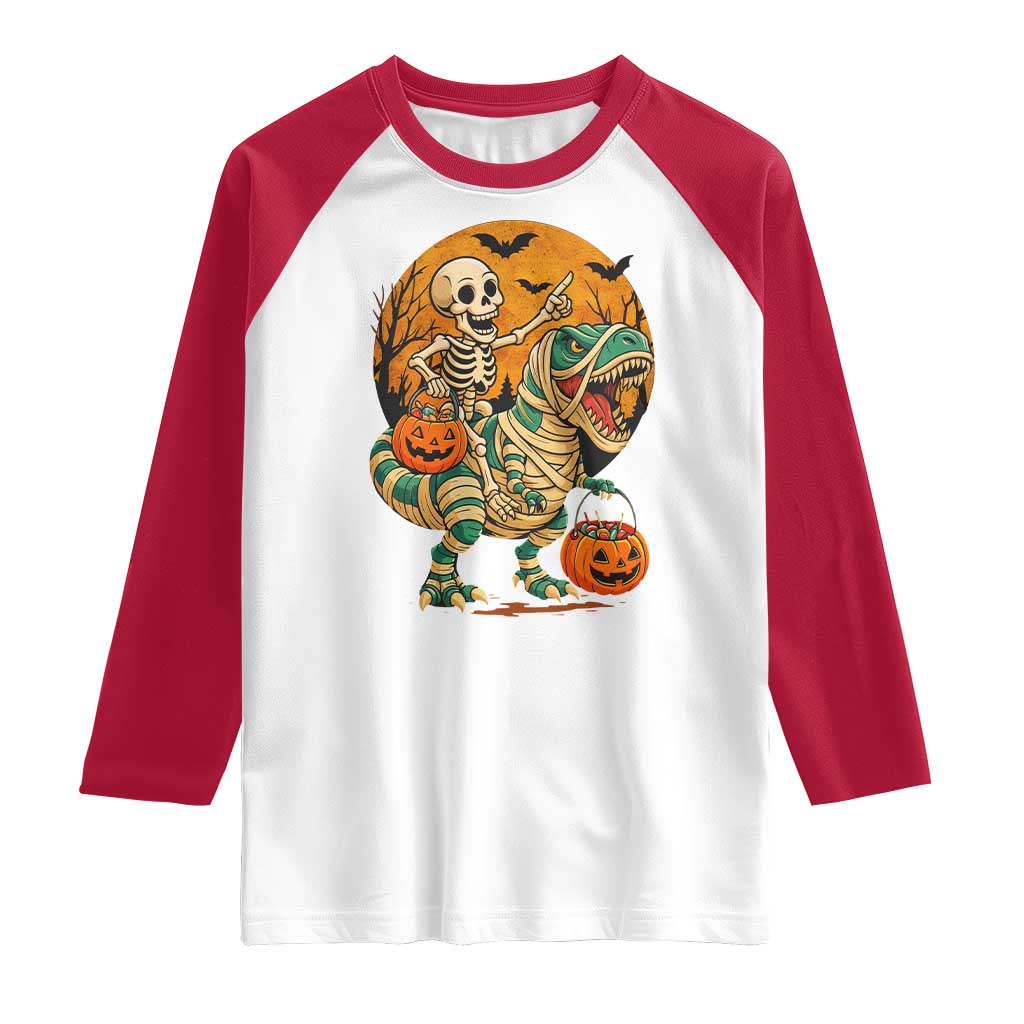 Funny Skeleton Riding Mummy Dinosaur Halloween Raglan Shirt TS12 White Red Print Your Wear