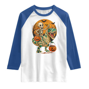 Funny Skeleton Riding Mummy Dinosaur Halloween Raglan Shirt TS12 White Royal Print Your Wear