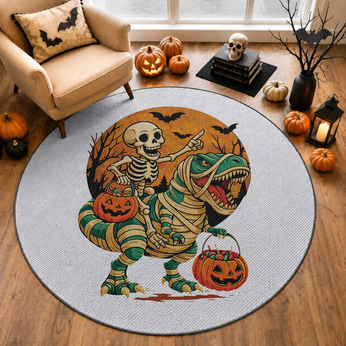 Funny Skeleton Riding Mummy Dinosaur Halloween Round Rug