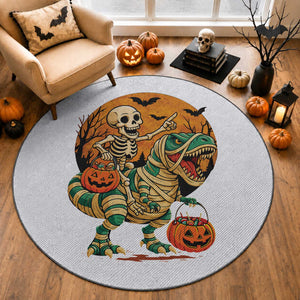 Funny Skeleton Riding Mummy Dinosaur Halloween Round Rug