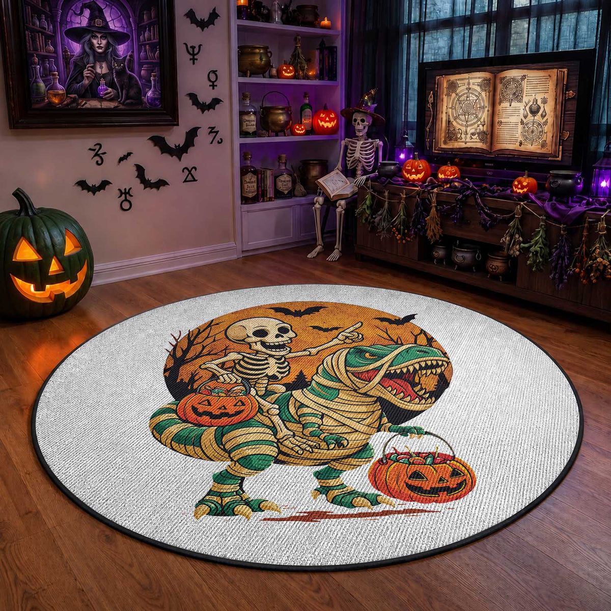 Funny Skeleton Riding Mummy Dinosaur Halloween Round Rug