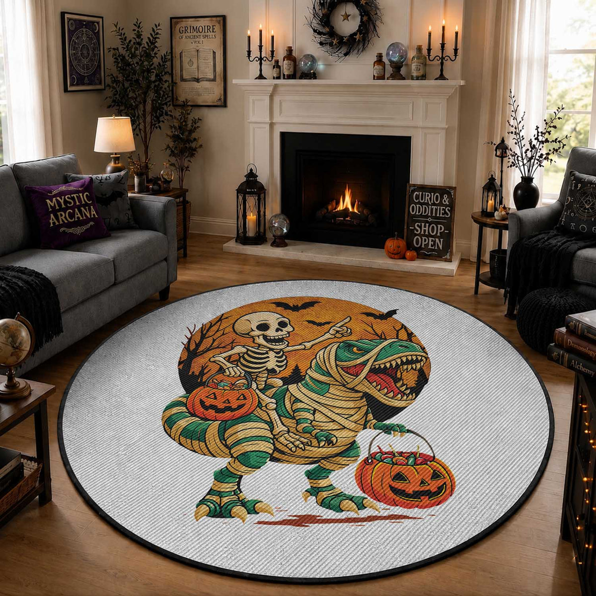 Funny Skeleton Riding Mummy Dinosaur Halloween Round Rug