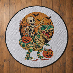 Funny Skeleton Riding Mummy Dinosaur Halloween Round Rug