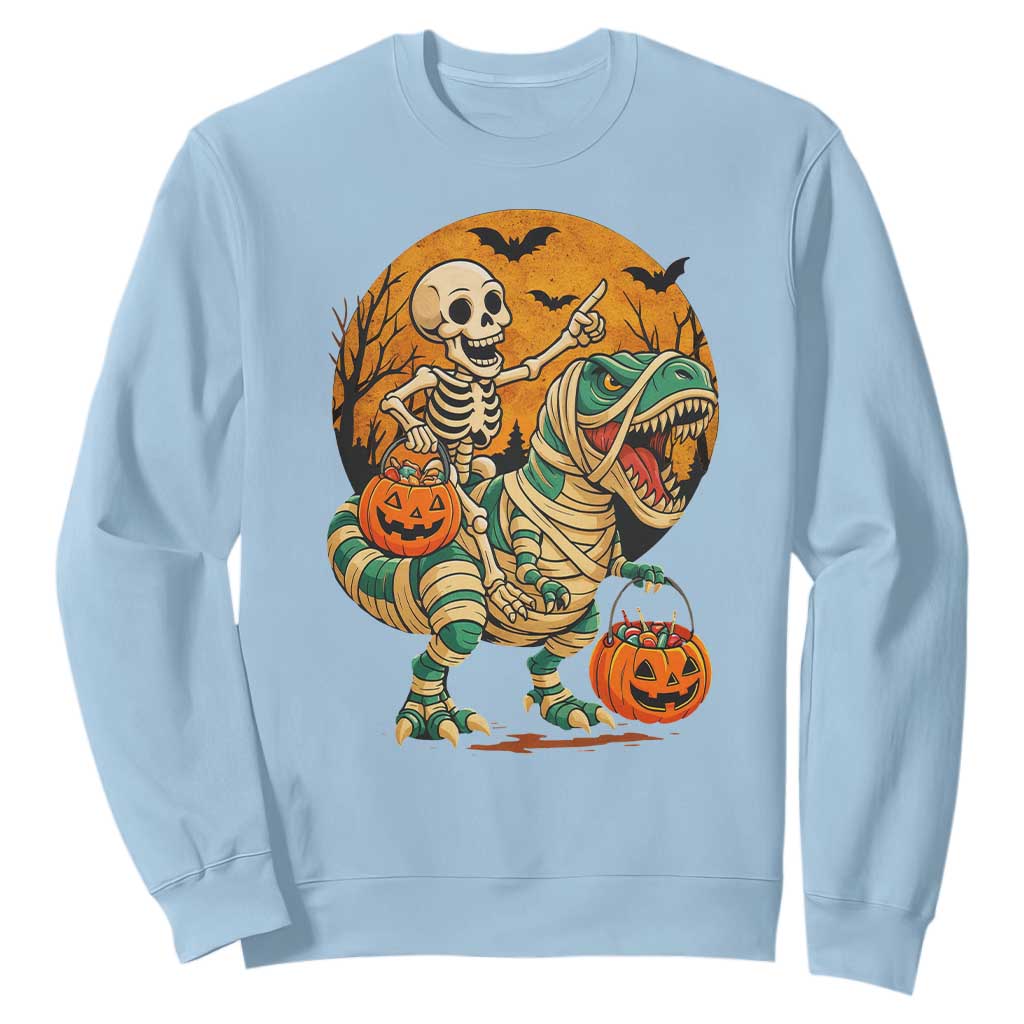 Funny Skeleton Riding Mummy Dinosaur Halloween Sweatshirt TS12 Light Blue Print Your Wear