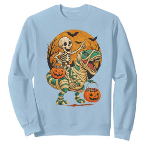 Funny Skeleton Riding Mummy Dinosaur Halloween Sweatshirt TS12 Light Blue Print Your Wear