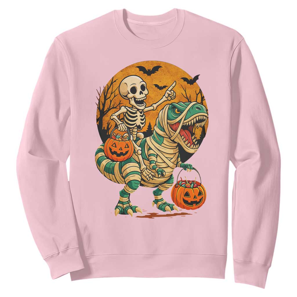 Funny Skeleton Riding Mummy Dinosaur Halloween Sweatshirt TS12 Light Pink Print Your Wear