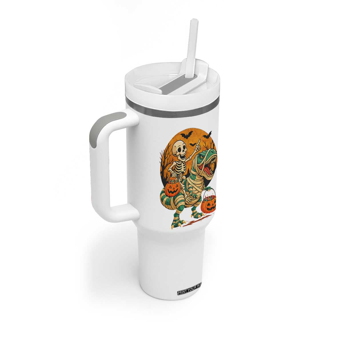 Funny Skeleton Riding Mummy Dinosaur Halloween Tumbler With Handle TS12 Print Your Wear