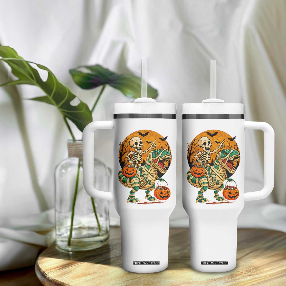 Funny Skeleton Riding Mummy Dinosaur Halloween Tumbler With Handle TS12 Print Your Wear