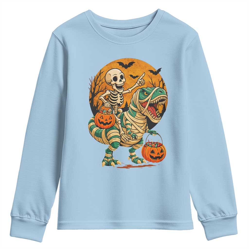 Funny Skeleton Riding Mummy Dinosaur Halloween Youth Sweatshirt TS12 Light Blue Print Your Wear