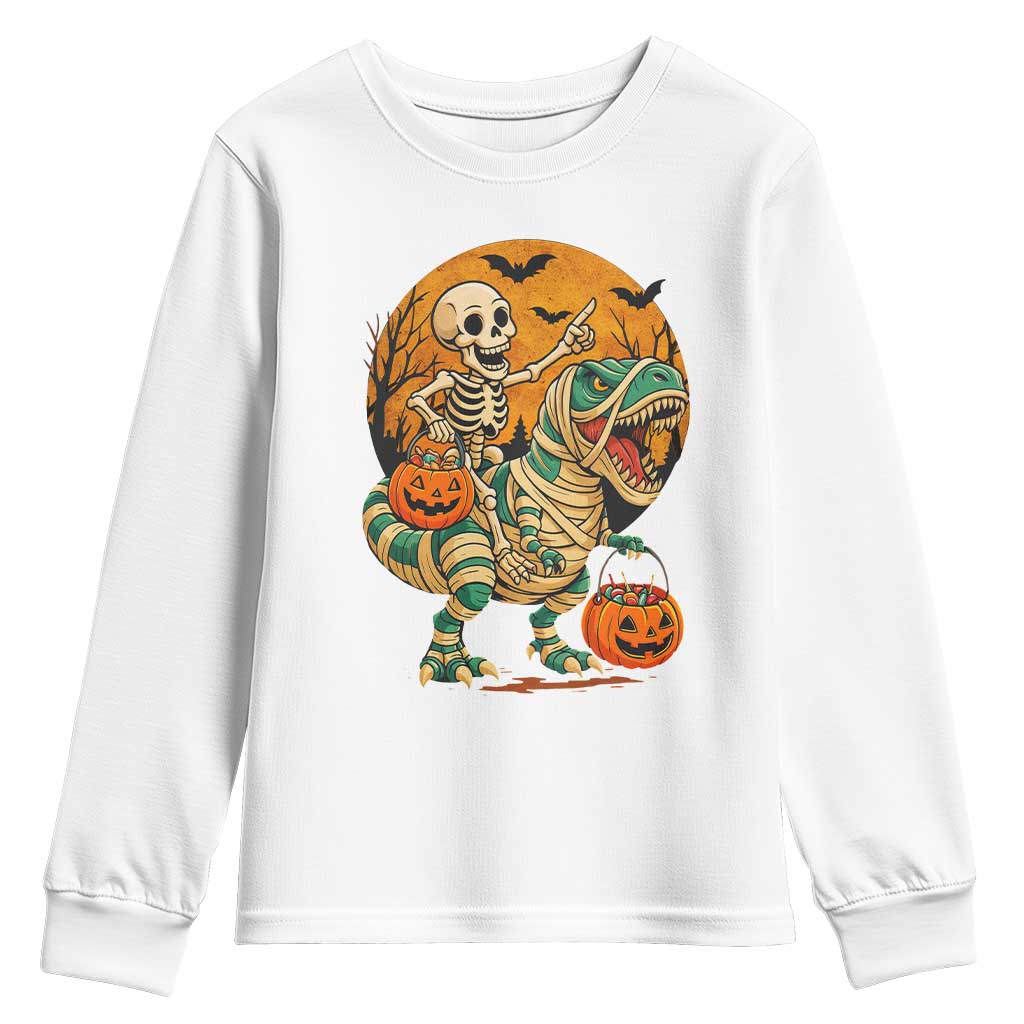 Funny Skeleton Riding Mummy Dinosaur Halloween Youth Sweatshirt TS12 White Print Your Wear