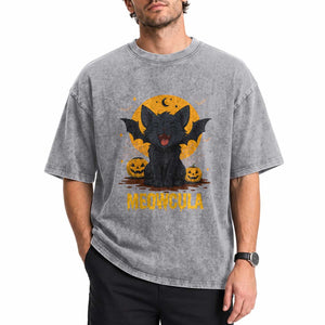 Black Cat Halloween Washed Cotton T-Shirt Meowcula Cute Smilling With Bat