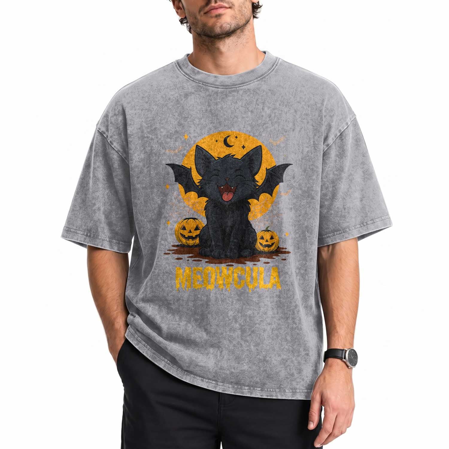 Black Cat Halloween Washed Cotton T-Shirt Meowcula Cute Smilling With Bat
