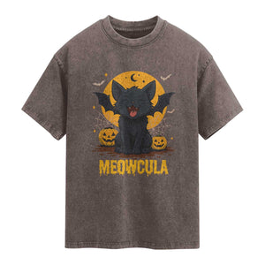 Black Cat Halloween Washed Cotton T-Shirt Meowcula Cute Smilling With Bat