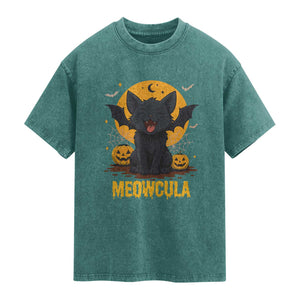 Black Cat Halloween Washed Cotton T-Shirt Meowcula Cute Smilling With Bat