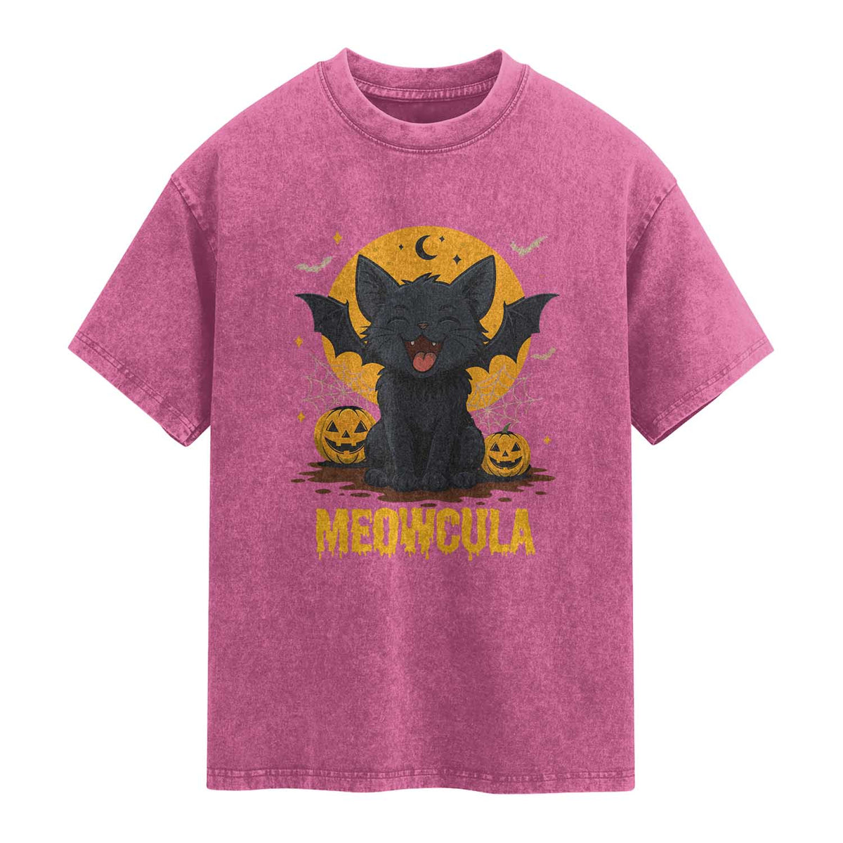 Black Cat Halloween Washed Cotton T-Shirt Meowcula Cute Smilling With Bat