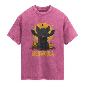 Black Cat Halloween Washed Cotton T-Shirt Meowcula Cute Smilling With Bat