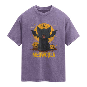 Black Cat Halloween Washed Cotton T-Shirt Meowcula Cute Smilling With Bat