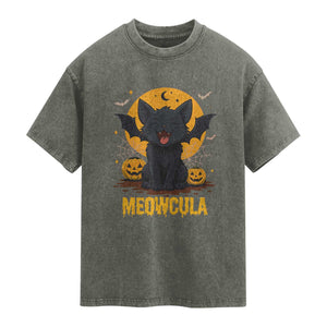 Black Cat Halloween Washed Cotton T-Shirt Meowcula Cute Smilling With Bat
