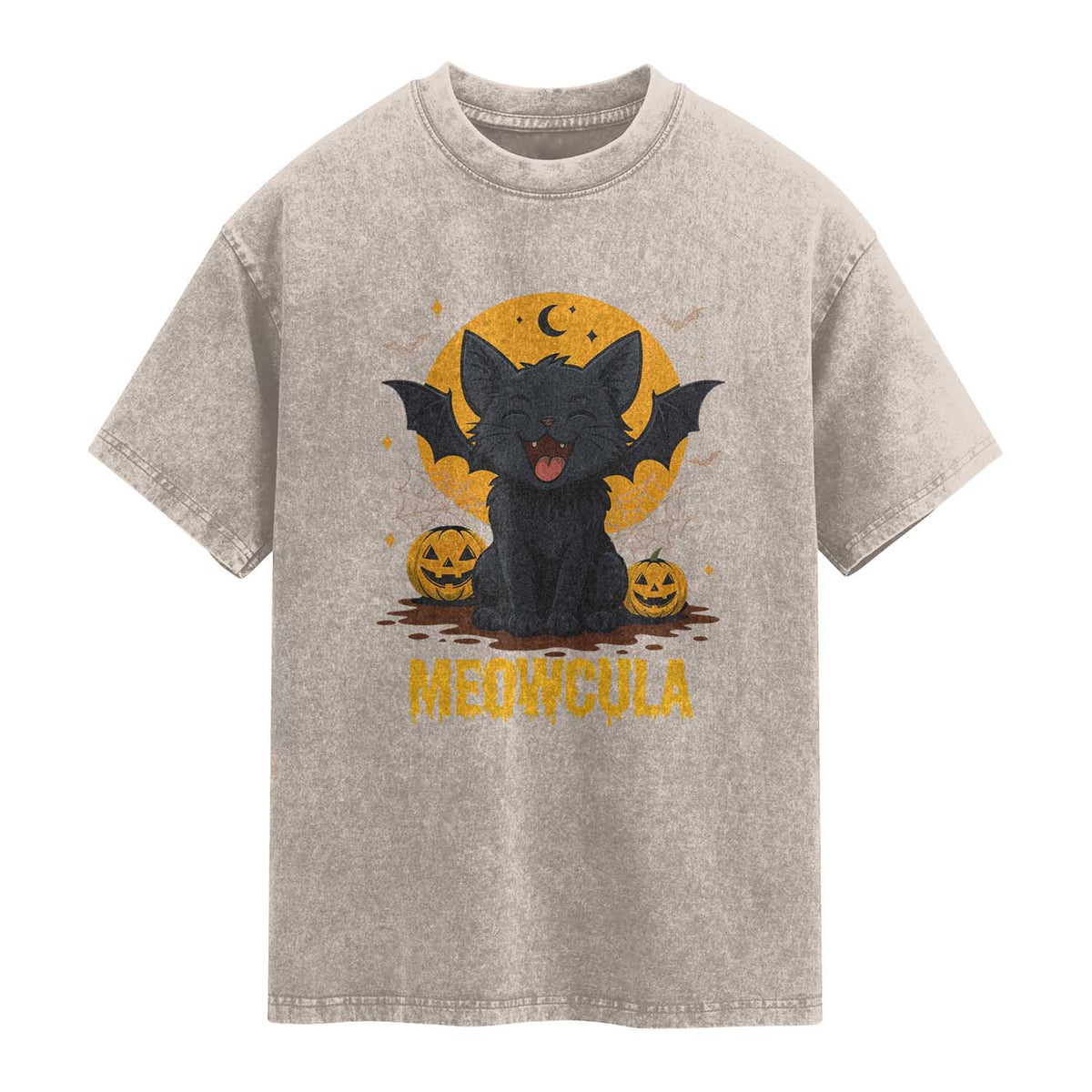 Black Cat Halloween Washed Cotton T-Shirt Meowcula Cute Smilling With Bat