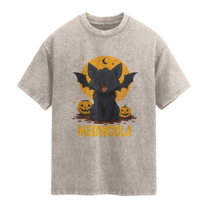 Black Cat Halloween Washed Cotton T-Shirt Meowcula Cute Smilling With Bat