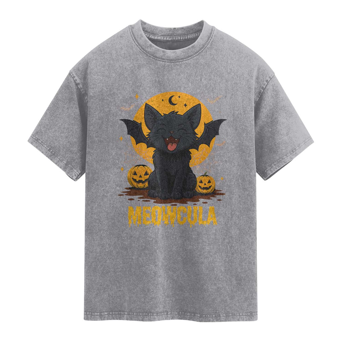 Black Cat Halloween Washed Cotton T-Shirt Meowcula Cute Smilling With Bat