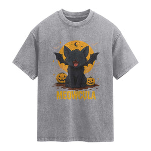 Black Cat Halloween Washed Cotton T-Shirt Meowcula Cute Smilling With Bat