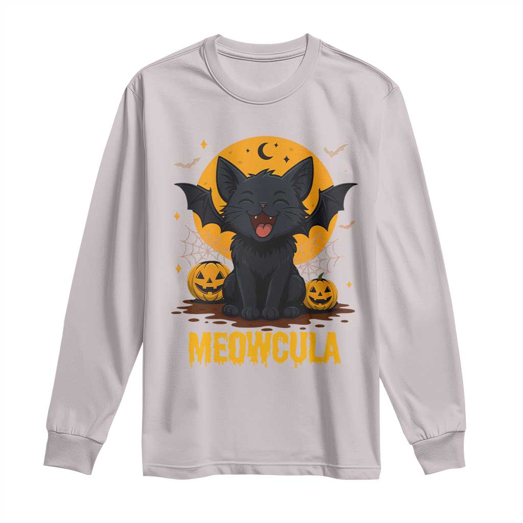 Black Cat Halloween Long Sleeve Shirt Meowcula Cute Smilling With Bat TS12 Ice Gray Print Your Wear