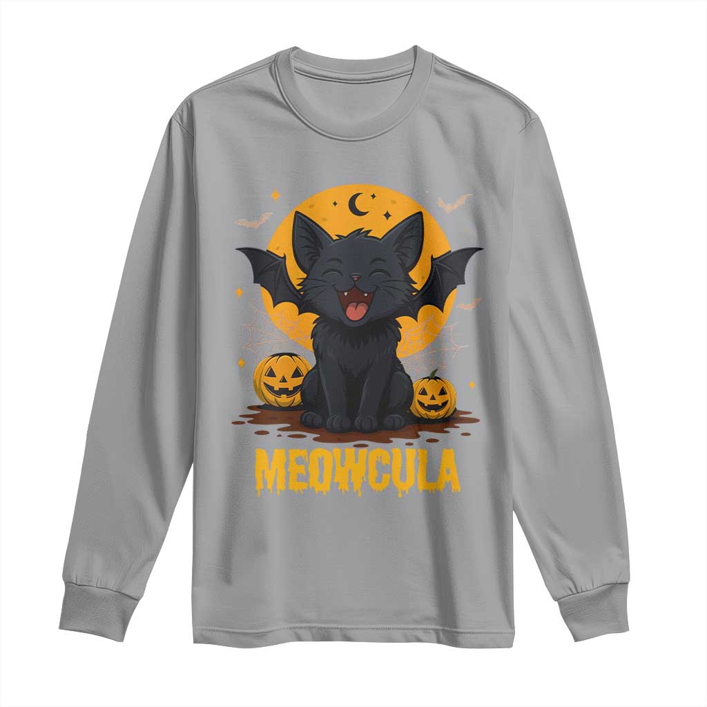 Black Cat Halloween Long Sleeve Shirt Meowcula Cute Smilling With Bat TS12 Sport Gray Print Your Wear