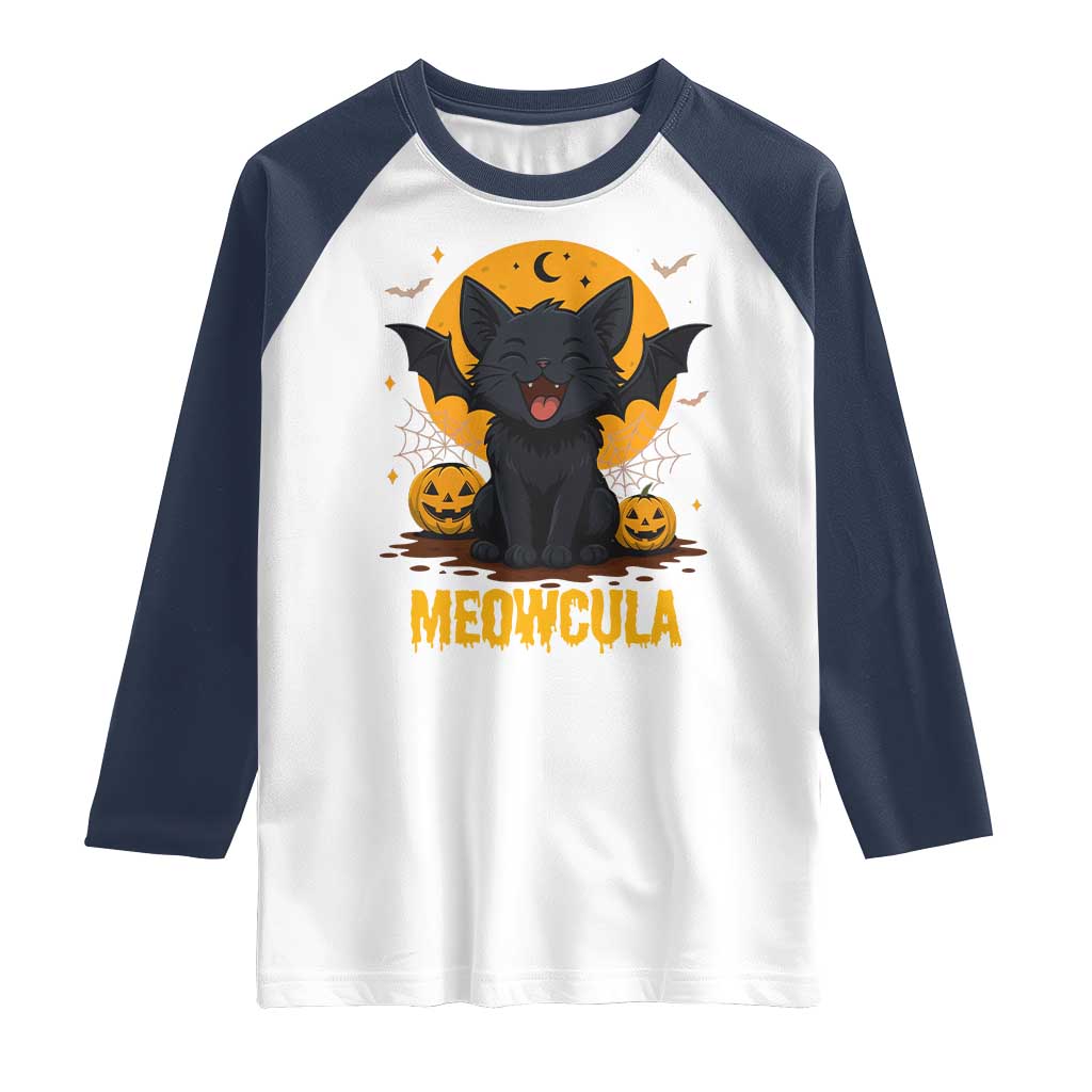 Black Cat Halloween Raglan Shirt Meowcula Cute Smilling With Bat TS12 White Navy Print Your Wear