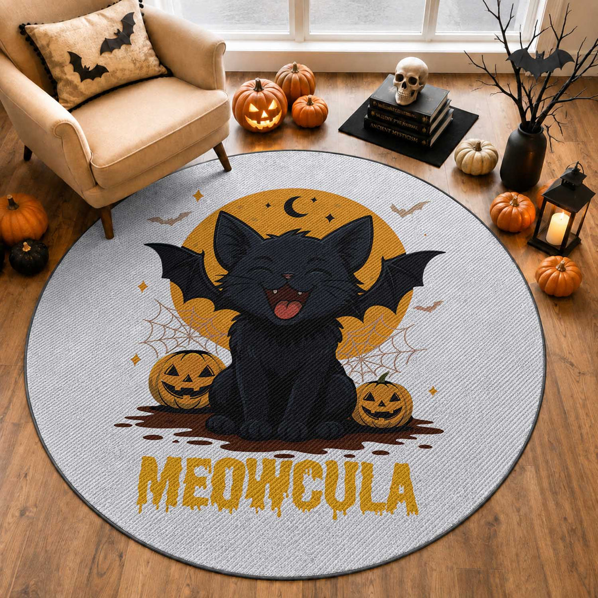 Black Cat Halloween Round Rug Meowcula Cute Smilling With Bat