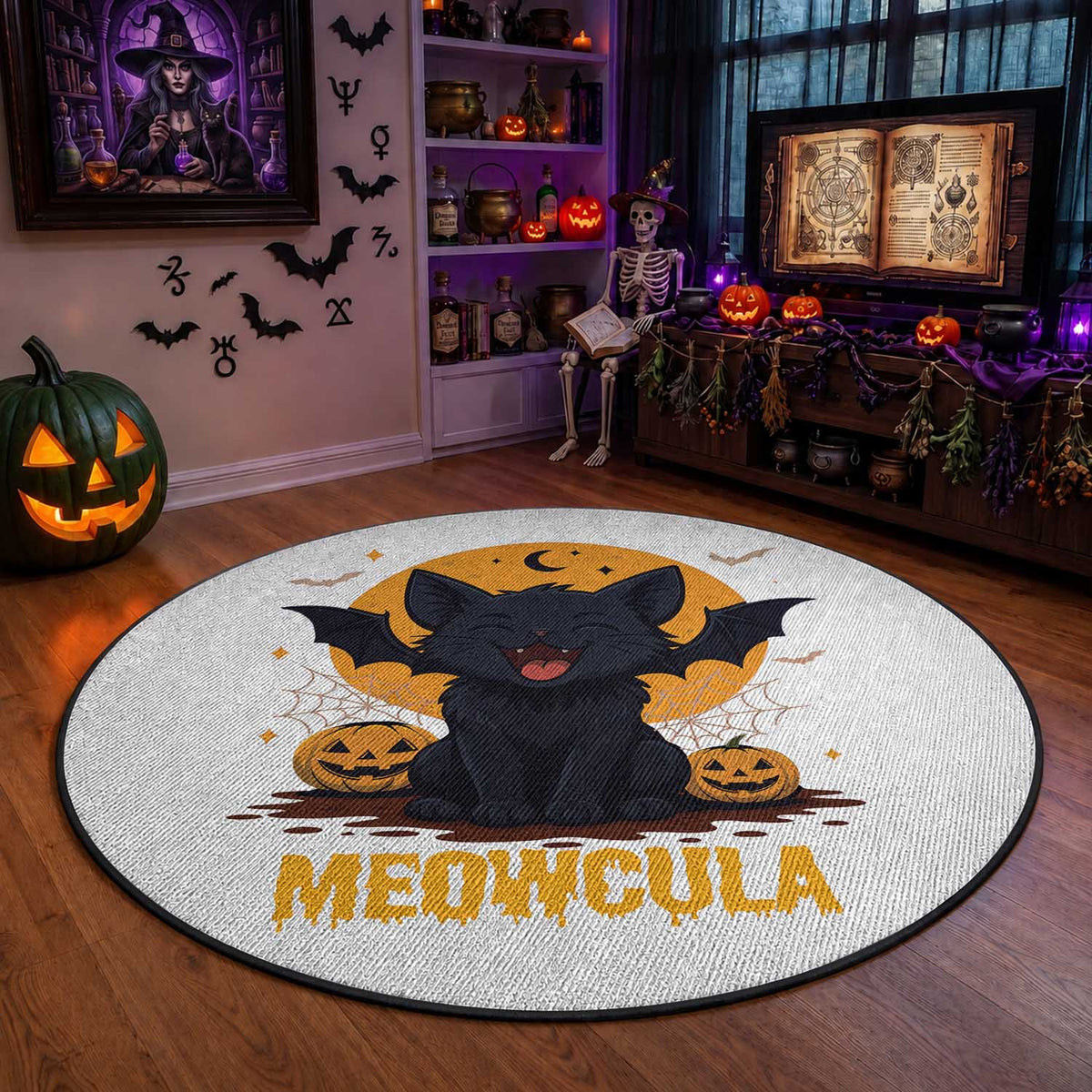 Black Cat Halloween Round Rug Meowcula Cute Smilling With Bat