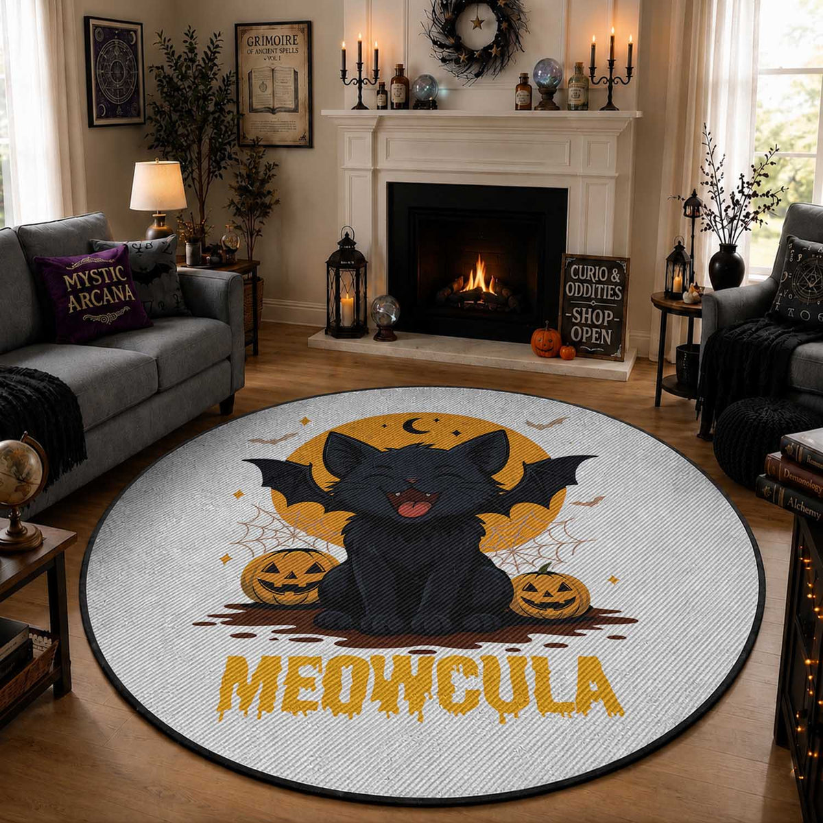 Black Cat Halloween Round Rug Meowcula Cute Smilling With Bat