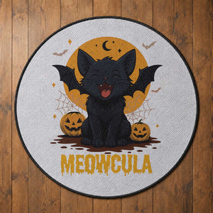 Black Cat Halloween Round Rug Meowcula Cute Smilling With Bat