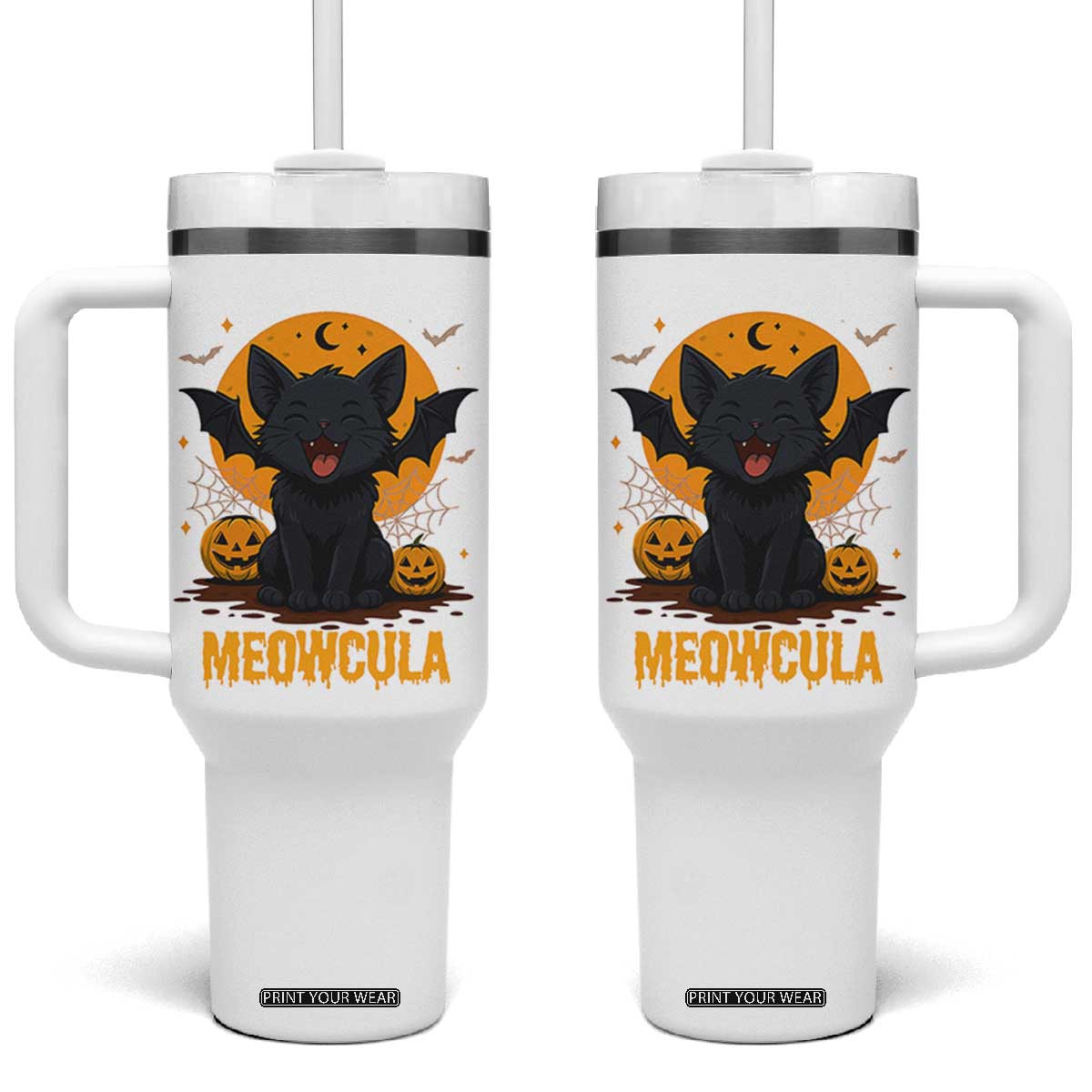 Black Cat Halloween Tumbler With Handle Meowcula Cute Smilling With Bat TS12 One Size: 40 oz White Print Your Wear
