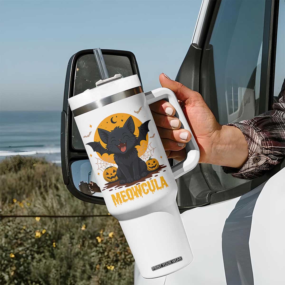 Black Cat Halloween Tumbler With Handle Meowcula Cute Smilling With Bat TS12 Print Your Wear
