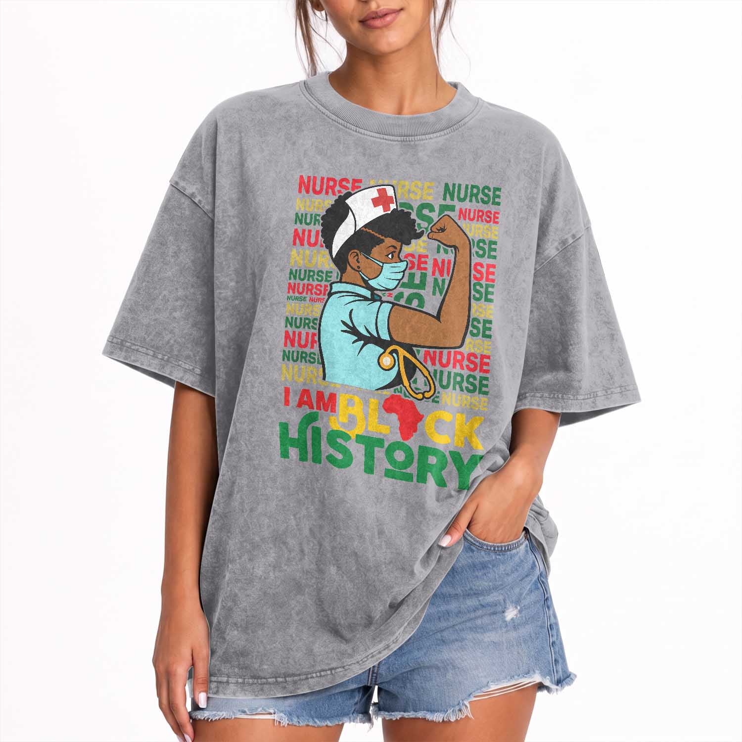 Nurse African American Washed Cotton T-Shirt I Am Black History Strong Feminism