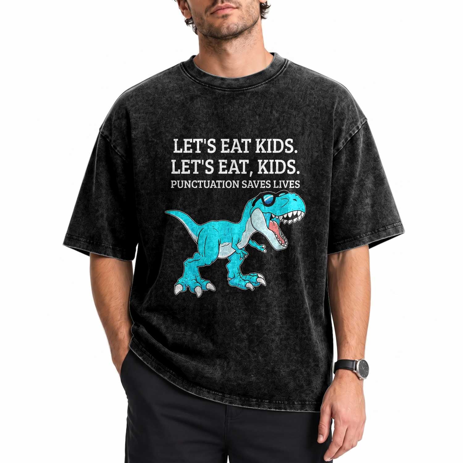 Lets Eat Kids Punctuation Saves Lives Washed Cotton T-Shirt Dinosaur Funny Grammar