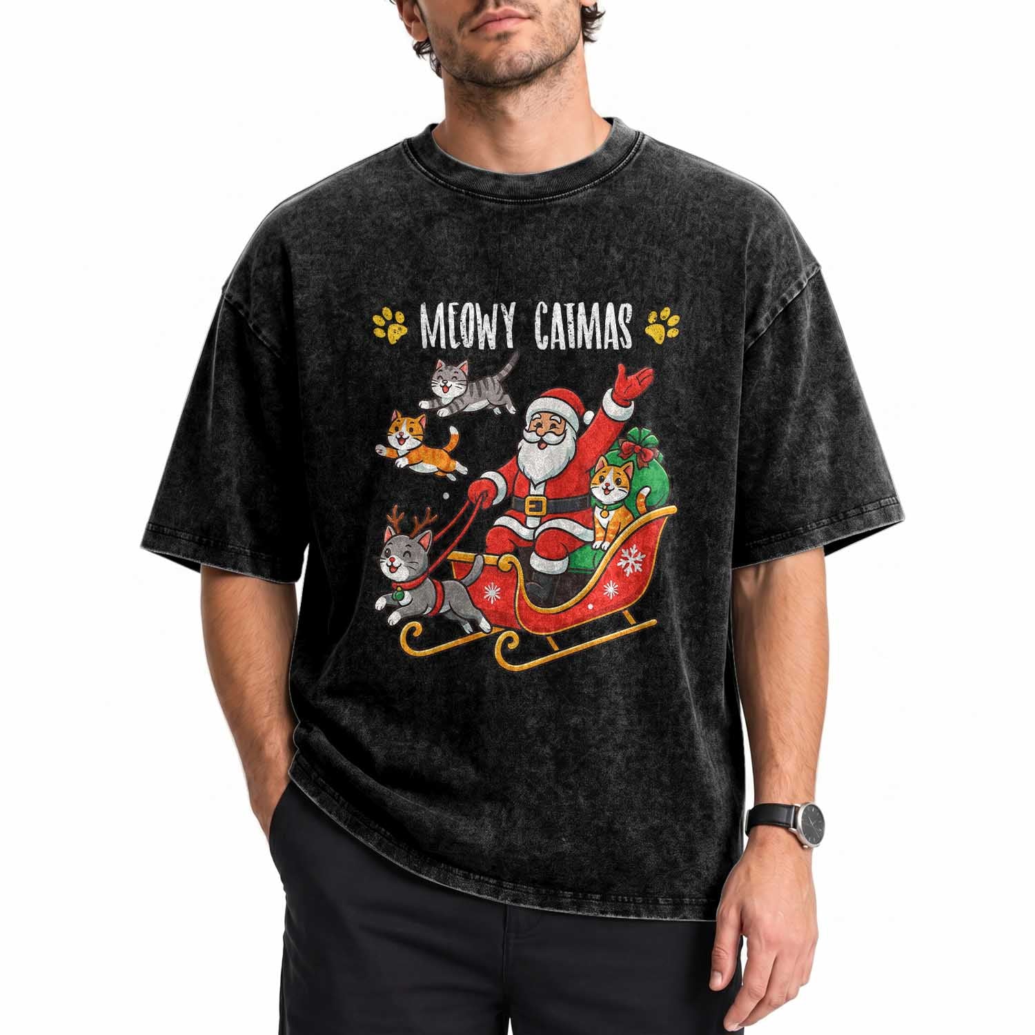 Funny Christmas Cat Washed Cotton T-Shirt Meowy Catmas Santa Sleigh Xmas