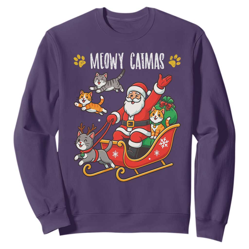 Funny Christmas Cat Sweatshirt Meowy Catmas Santa Sleigh Xmas TS12 Purple Print Your Wear