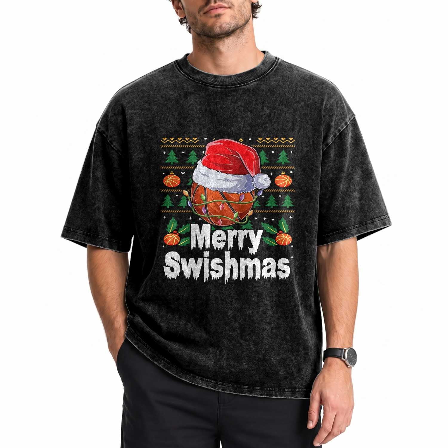 Basketball Christmas Washed Cotton T-Shirt Funny Merry Swishmas Sports