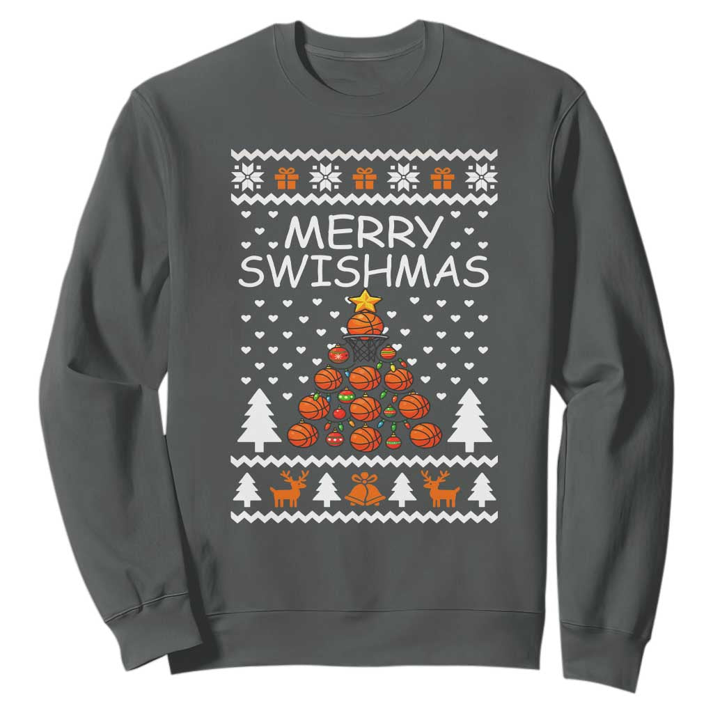 Basketball Merry Swishmas Sweatshirt Christmas Tree Sports TS12 Dark Heather Print Your Wear