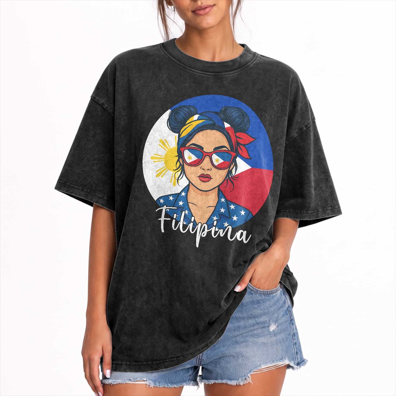 Philippines Girl Filipina Washed Cotton T-Shirt Flag Filipino Pride