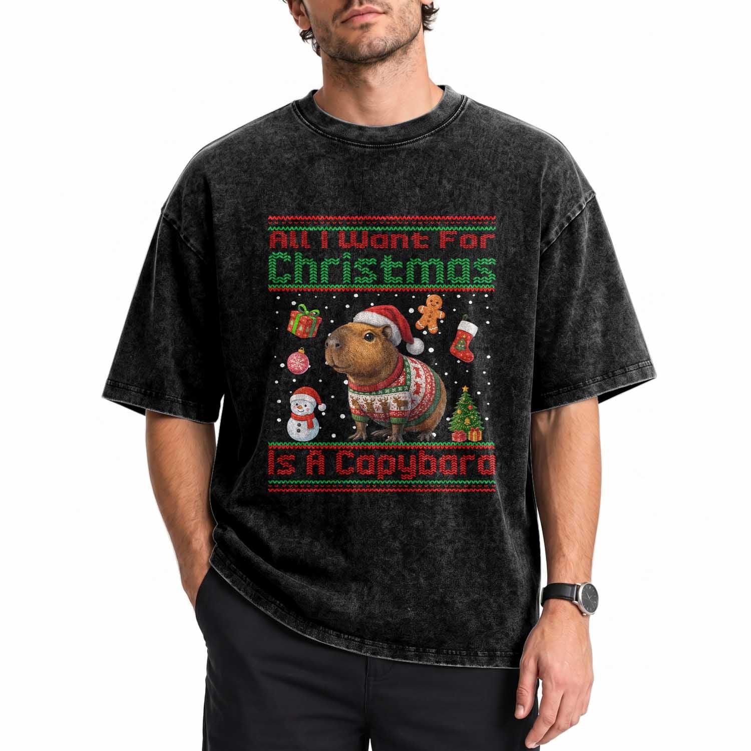 Funny Xmas Washed Cotton T-Shirt All I Want For Christmas Is A Capybara