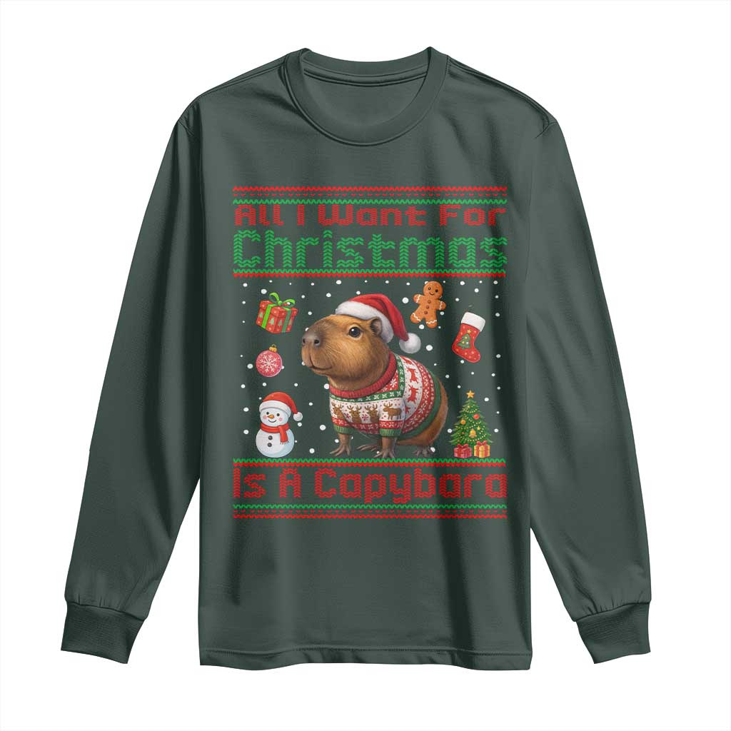Funny Xmas Long Sleeve Shirt All I Want For Christmas Is A Capybara TS12 Dark Forest Green Print Your Wear
