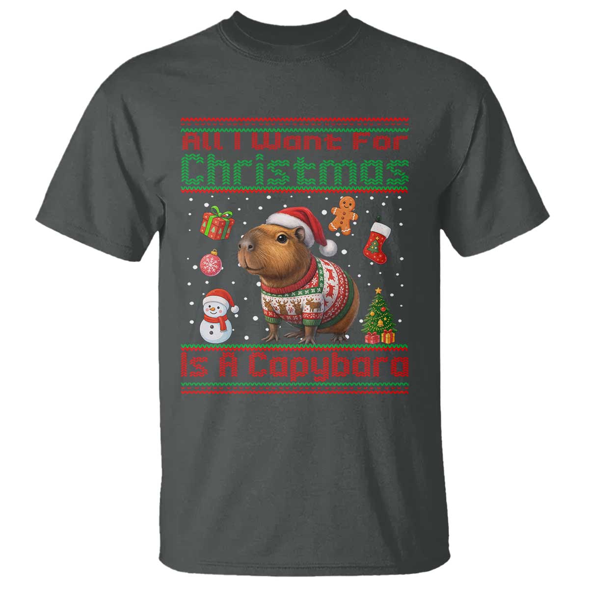 Funny Xmas T Shirt All I Want For Christmas Is A Capybara TS12 Dark Heather Print Your Wear