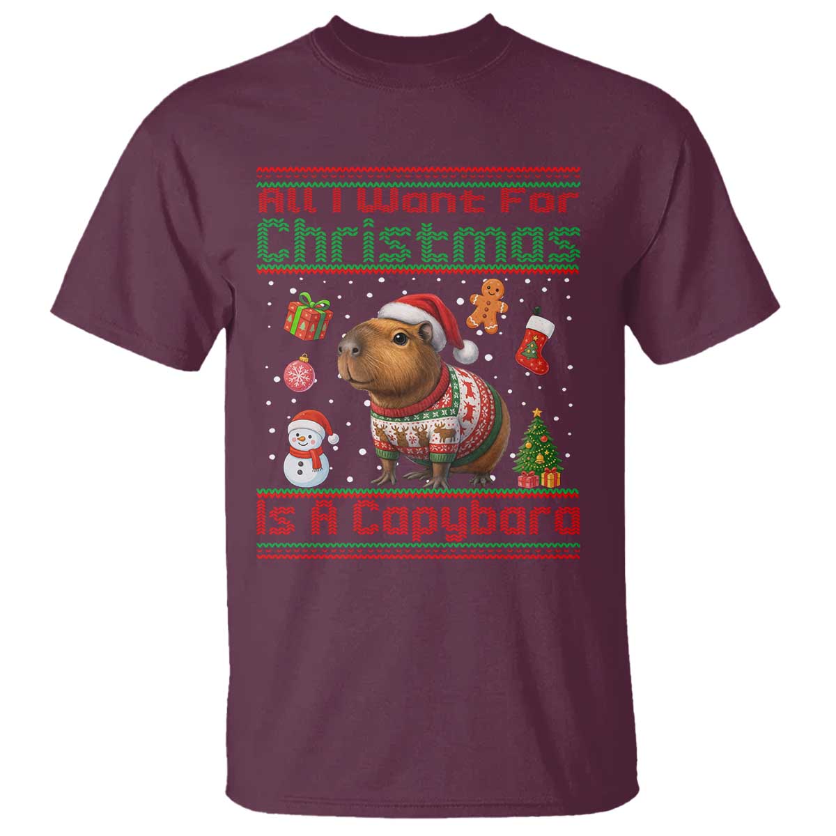 Funny Xmas T Shirt All I Want For Christmas Is A Capybara TS12 Maroon Print Your Wear