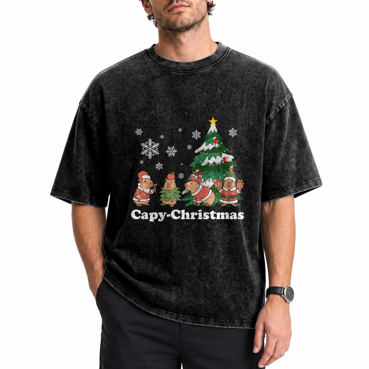 Christmas Capybara Washed Cotton T-Shirt Funny Capy Xmas Gift Idea