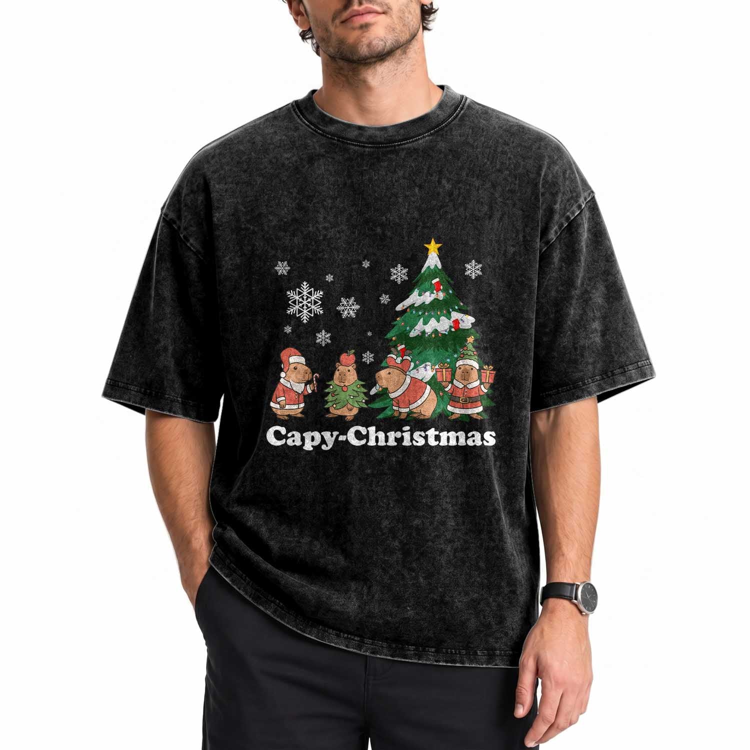 Christmas Capybara Washed Cotton T-Shirt Funny Capy Xmas Gift Idea