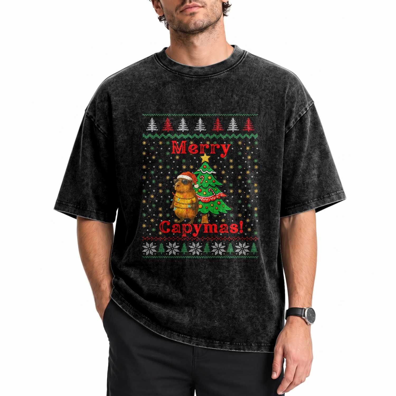 Funny Merry Capymas Washed Cotton T-Shirt Capybara Christmas Party